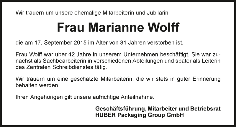  Traueranzeige für Marianne Wolff vom 22.09.2015 aus 