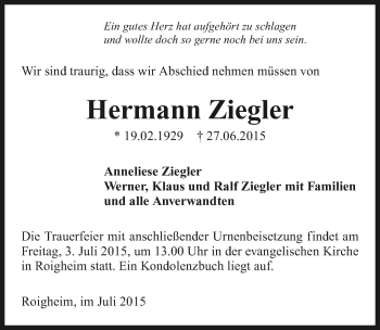 Traueranzeige von Hermann Ziegler 