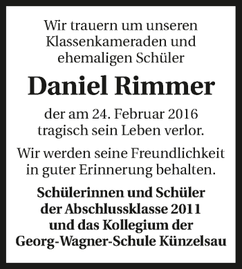 Traueranzeige von Daniel Rimmer 