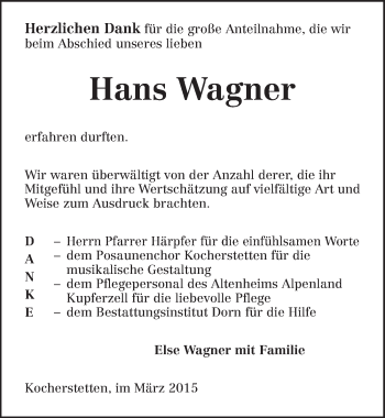 Traueranzeige von Hans Wagner 