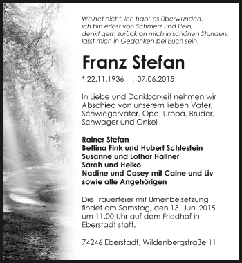 Traueranzeige von Franz Stefan 