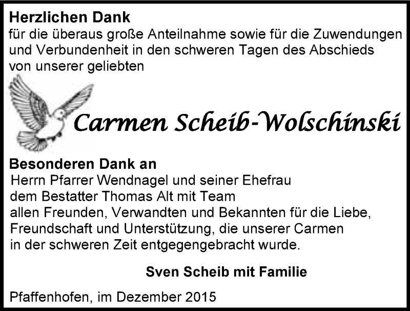  Traueranzeige für Carmen Scheib-Wolschinski vom 05.12.2015 aus 