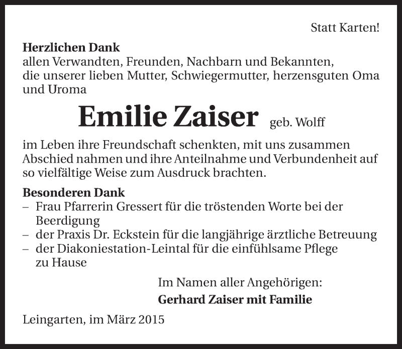  Traueranzeige für Emilie Zaiser vom 14.03.2015 aus 