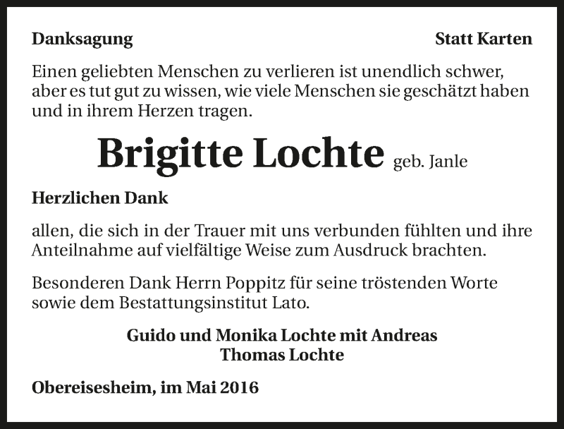  Traueranzeige für Brigitte Lochte vom 13.05.2016 aus 