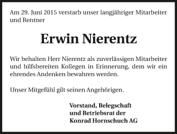 Traueranzeige von Erwin Nierentz 