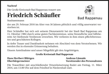 Traueranzeige von Friedrich Schäufler 