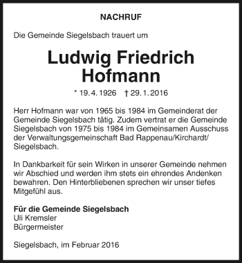 Traueranzeige von Ludwig Friedrich Hofmann 