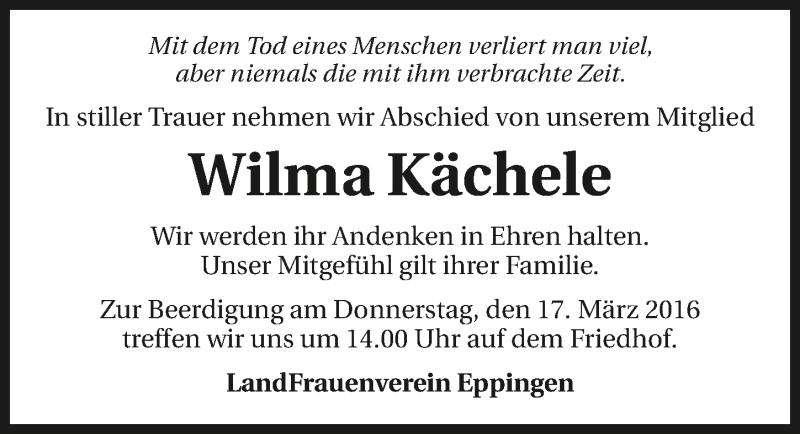  Traueranzeige für Wilma Kächele vom 16.03.2016 aus 