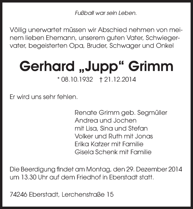  Traueranzeige für Gerhard Grimm vom 23.12.2014 aus 