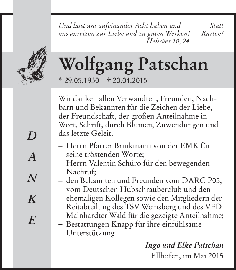  Traueranzeige für Wolfgang Patschan vom 06.05.2015 aus 