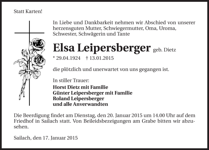  Traueranzeige für Elsa Leipersberger vom 17.01.2015 aus 