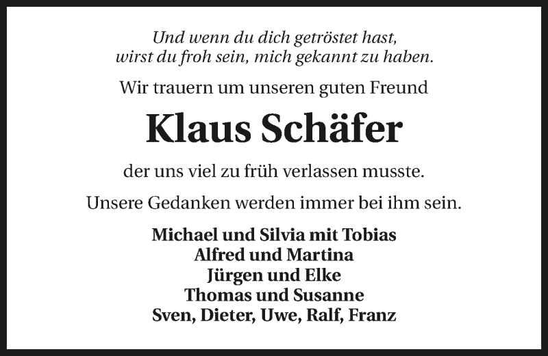  Traueranzeige für Klaus Schäfer vom 11.05.2016 aus 