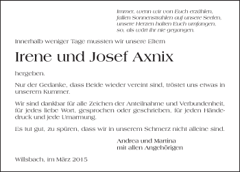 Traueranzeige von Irene und Josef Axnix 