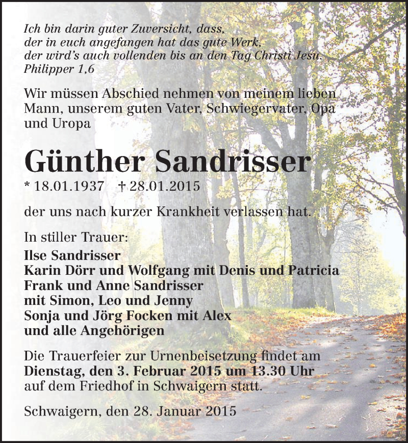  Traueranzeige für Günther Sandrisser vom 31.01.2015 aus 