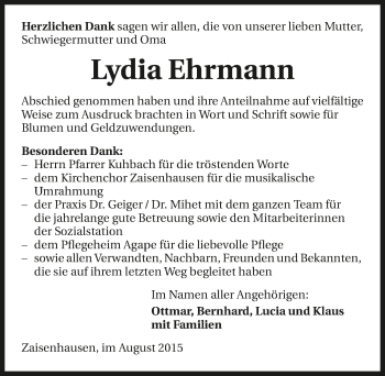 Traueranzeige von Lydia Ehrmann 