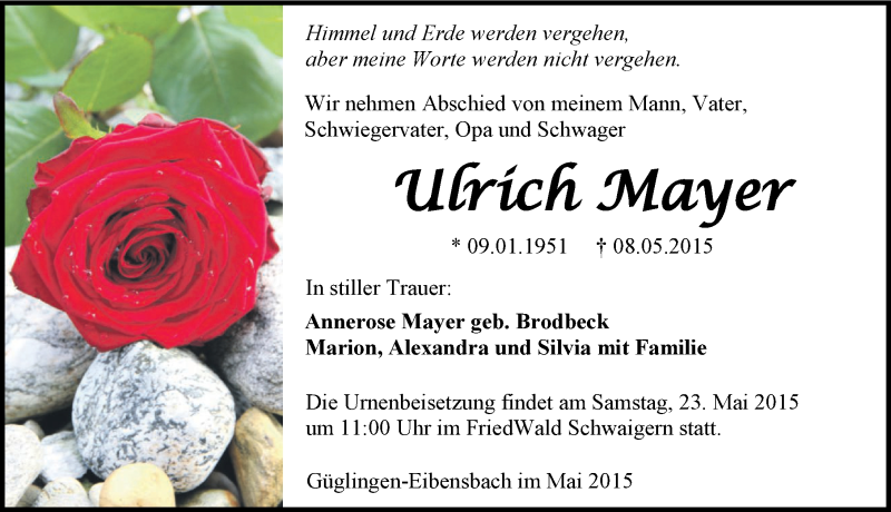  Traueranzeige für Ulrich Mayer vom 16.05.2015 aus 