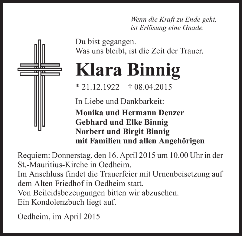  Traueranzeige für Klara Binnig vom 13.04.2015 aus 