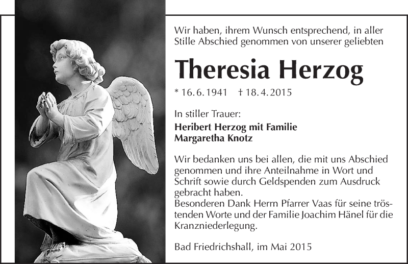  Traueranzeige für Theresia Herzog vom 02.05.2015 aus 