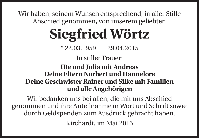  Traueranzeige für Siegfried Wörtz vom 12.05.2015 aus 