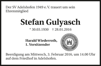 Traueranzeige von Stefan Gulyasch 