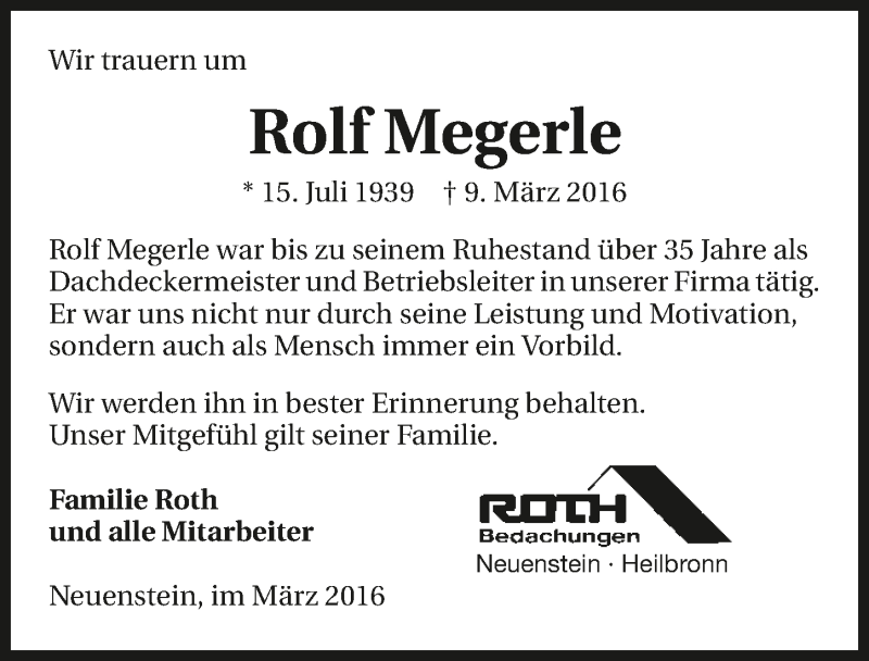  Traueranzeige für Rolf Megerle vom 17.03.2016 aus 