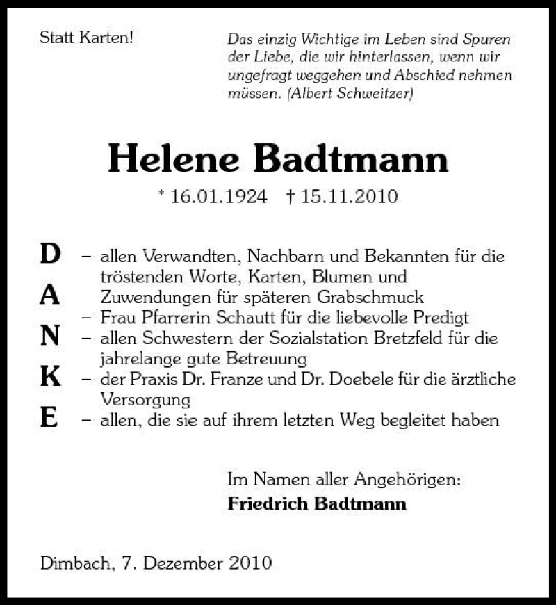  Traueranzeige für Helene Badtmann vom 07.12.2010 aus 