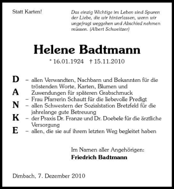 Traueranzeige von Helene Badtmann 