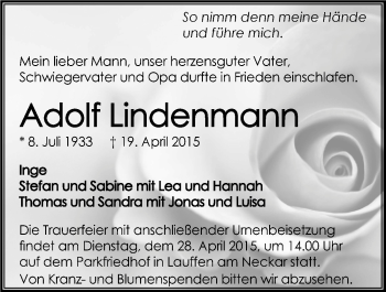 Traueranzeige von Adolf Lindenmann 