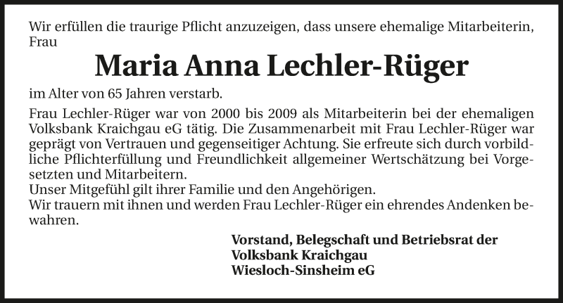  Traueranzeige für Maria-Anna Lechler-Rüger vom 04.05.2016 aus 
