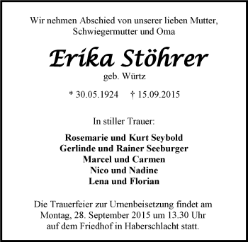 Traueranzeige von Erika Stöhrer 