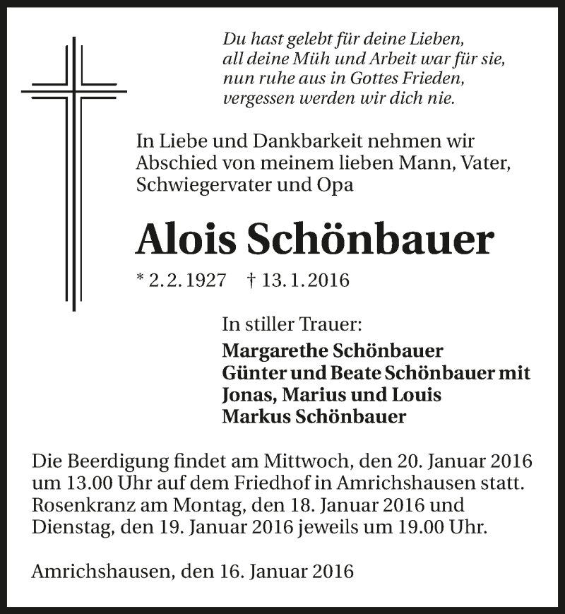  Traueranzeige für Alois Schönbauer vom 16.01.2016 aus 