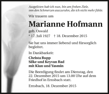 Traueranzeige von Marianne Hofmann 
