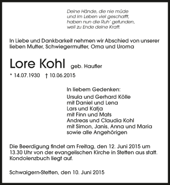 Traueranzeige von Lore Kohl 