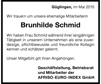 Traueranzeige von Brunhilde Schmid 