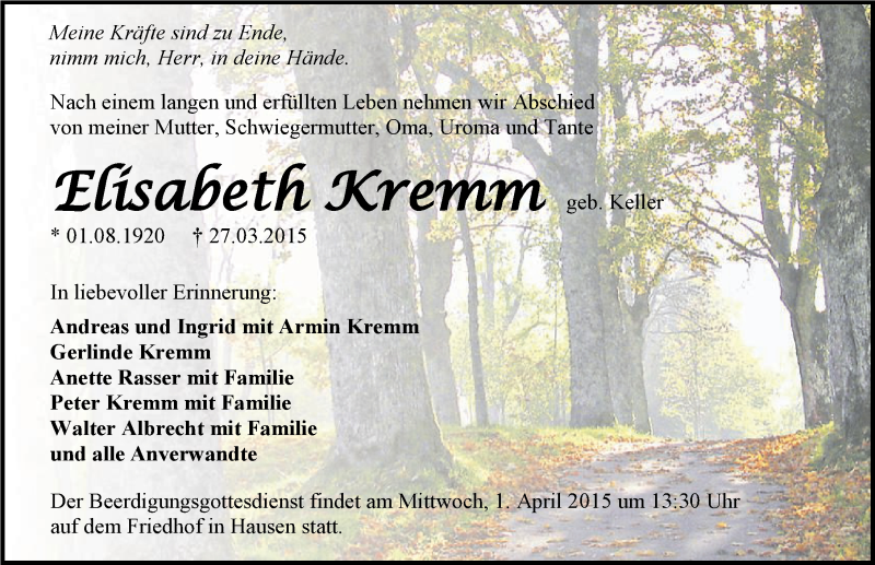  Traueranzeige für Elisabeth Kremm vom 30.03.2015 aus 