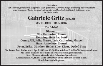 Traueranzeige von Gabriele Gritz 