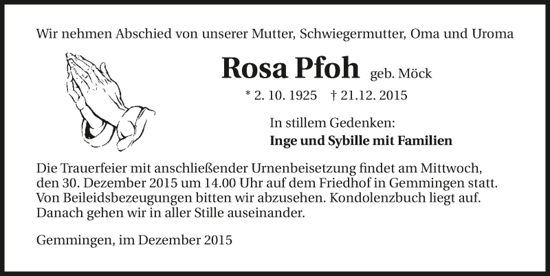  Traueranzeige für Rosa Pfoh vom 29.12.2015 aus 