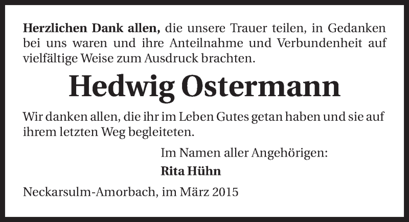  Traueranzeige für Hedwig Ostermann vom 04.03.2015 aus 