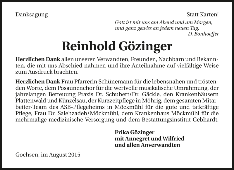  Traueranzeige für Reinhold Götzinger vom 01.08.2015 aus 