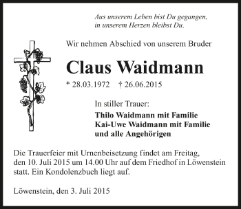 Traueranzeige von Claus Waidmann 