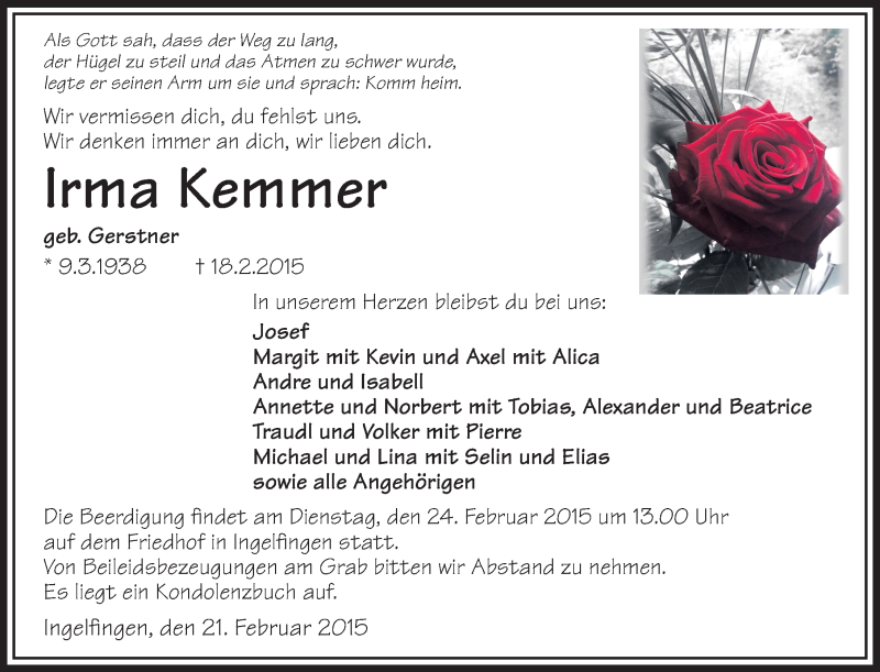  Traueranzeige für Irma Kemmer vom 24.02.2015 aus 
