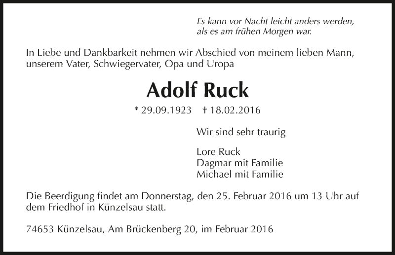  Traueranzeige für Adolf Ruck vom 22.02.2016 aus 