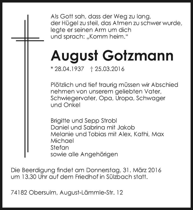  Traueranzeige für August Gotzmann vom 29.03.2016 aus 
