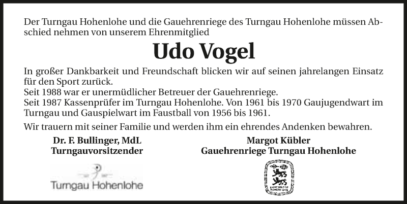 Traueranzeige für Udo Vogel vom 14.10.2015 aus 