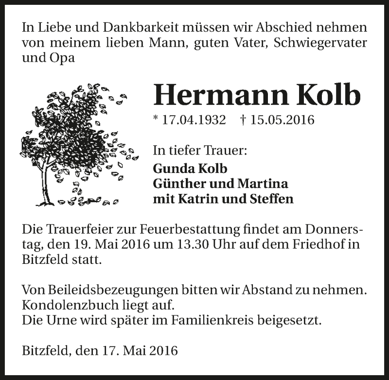  Traueranzeige für Hermann Kolb vom 17.05.2016 aus 