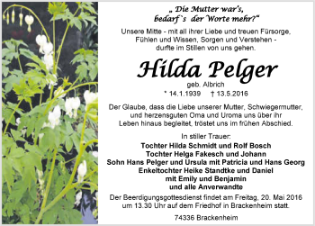 Traueranzeige von Hilda Pelger 