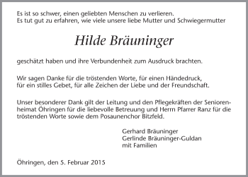 Traueranzeige von Hilde Bräuninger 