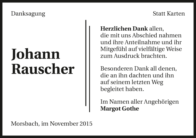  Traueranzeige für Johann Rauscher vom 11.11.2015 aus 