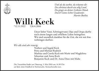 Traueranzeige von Willi Keck 