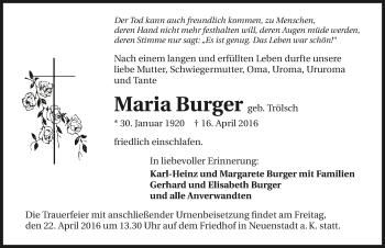 Traueranzeige von Maria Burger 